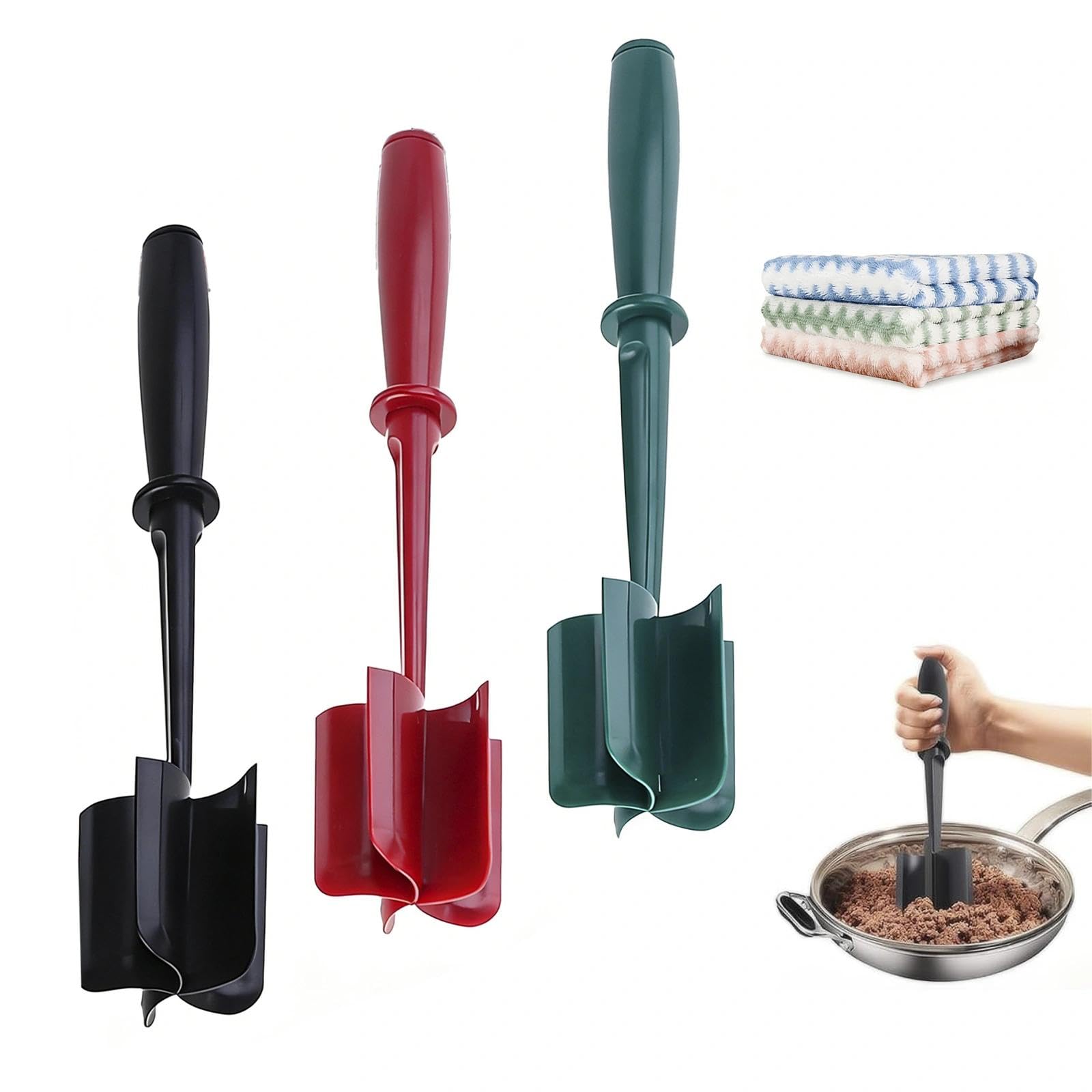 Meat Masher, 3 Pcs Mince Meat Masher with 3 Pcs Cleaning Cloths in Random Colors, Versatile Handheld Meats Chopper, Nylon Utensil Cookware for Hamburger Meats Beef