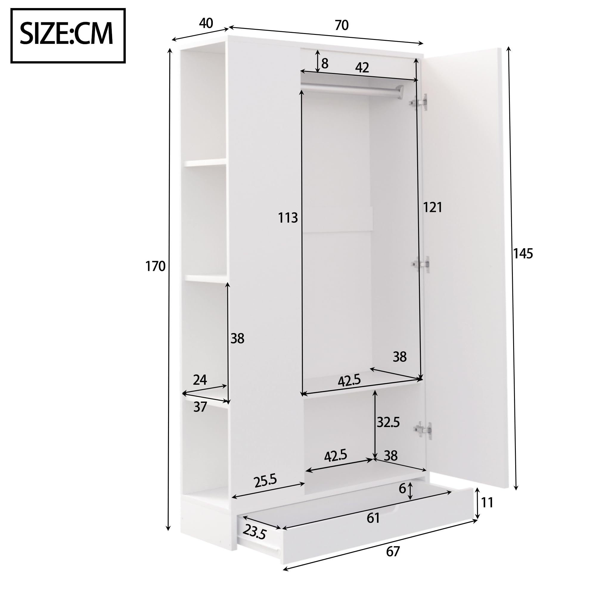 Moimhear Armadio 70 x 40 x 170 cm, versione singola con ripiani e cassetti, puro, adatto per camera da letto (bianco)