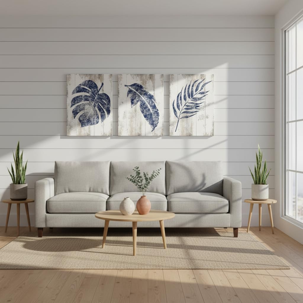 RnnJoile Palm Leaves Pictures Wall Decor Navy Blue Botanical Wall Art Prints on Canvas Rustic Leaf Painting Framed 12x16 Inch x 3Piece