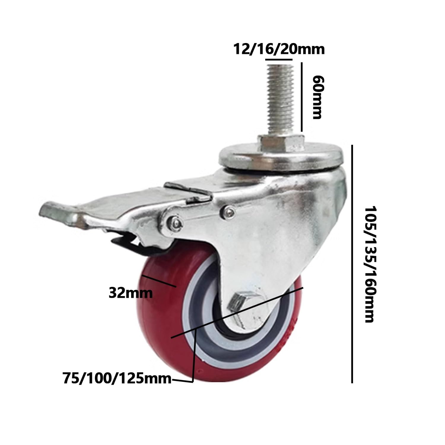 75/100/125mm Lenkrollen, M12 M16 M20 Gewinde Industrielle Rollen, 4pcs PU Rollen mit Bremse, Maximale Tragfähigkeit 560kg, for Geräte/Möbel/Trolley(3inch,M16*60)