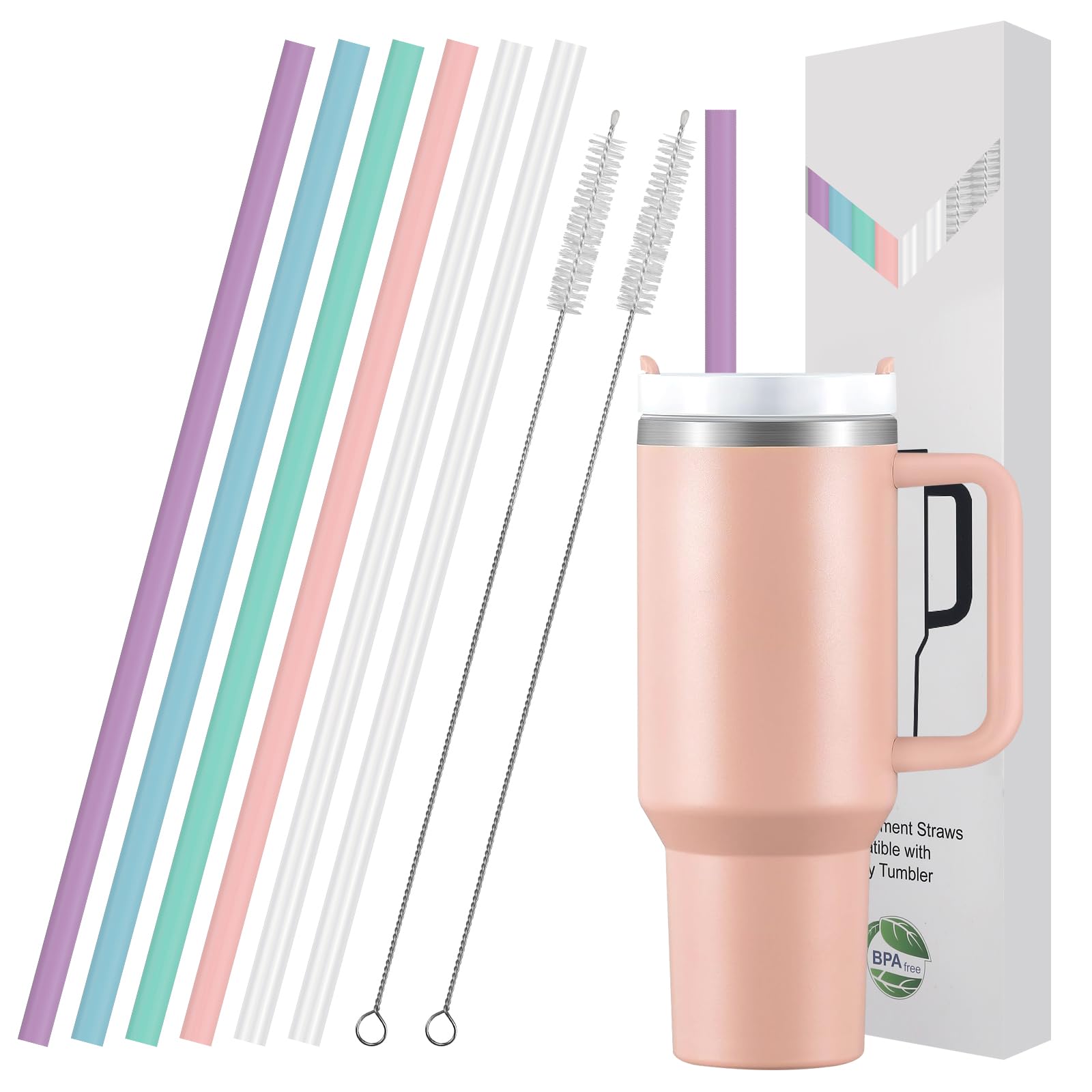 6 Pack Silicone Straws Replacement for Stanley 40oz 30oz Tumbler,12 inch Long Reusable Straws with 2 Cleaning Brush for Stanley Quencher Cup