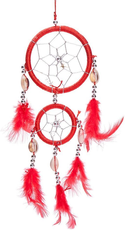 THY COLLECTIBLES 12" Traditional Red Dream Catcher with Feathers Wall or Car Hanging Ornament 2 Circles