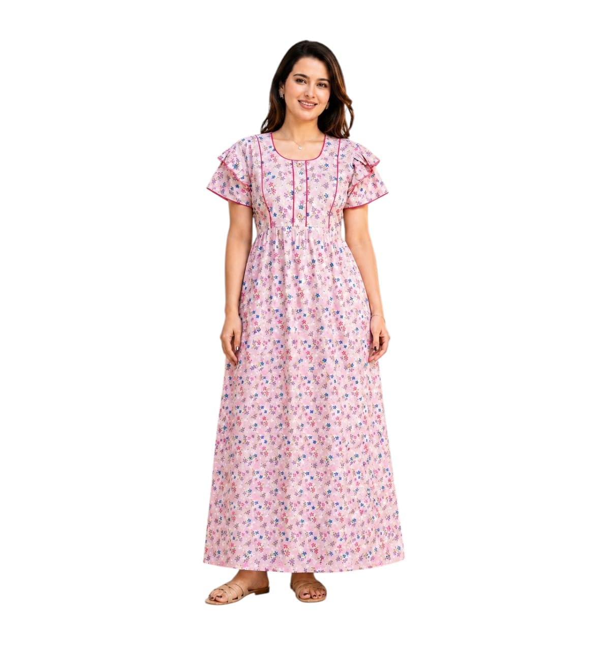 petgen z Women's Pure Cotton Maxi Nighty, Jaipuri Floral Print, Frock Style with Ruffle Sleeves, Side Pocket and Attached Belt-picture-32