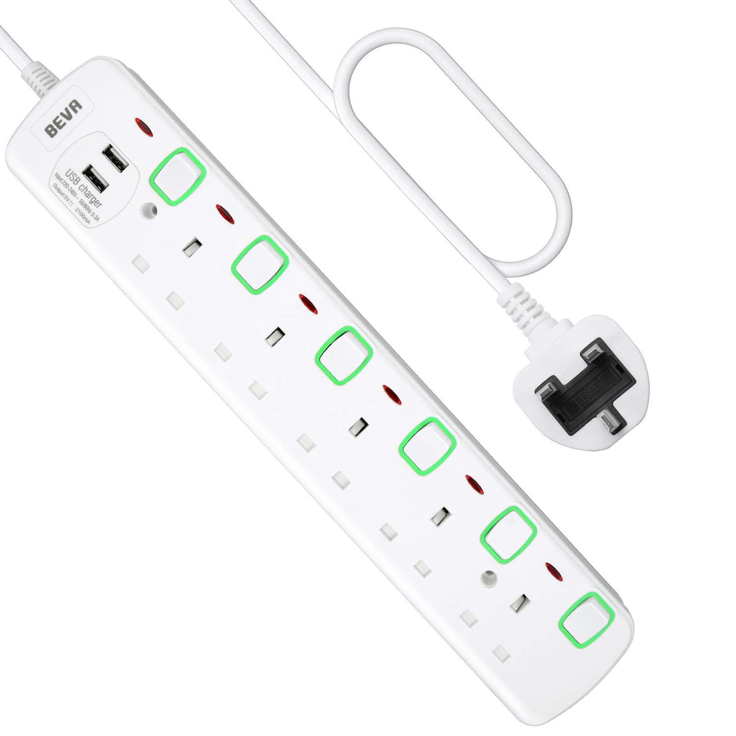 Extension Lead with USB Slots, 5 Way Outlets Power Extension with 2 USB