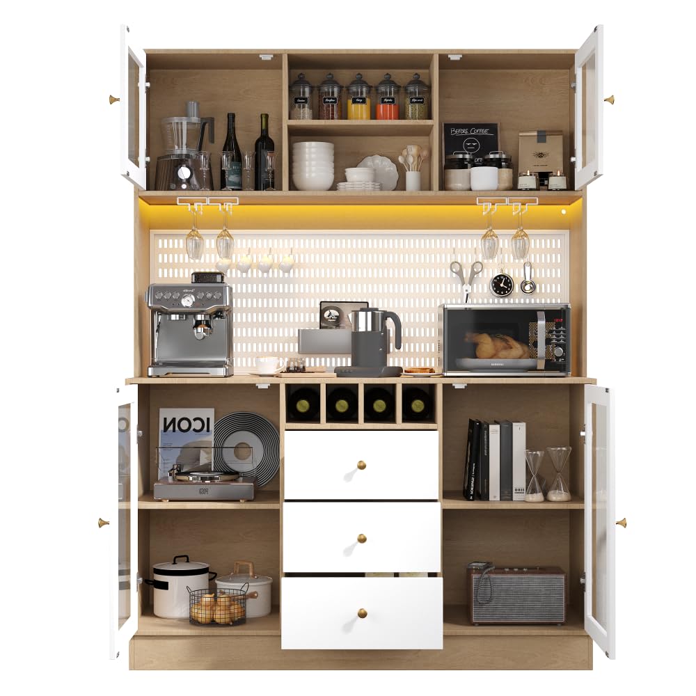 Hochschrank, Küchenschrank mit Smart LED Beleuchtung, fürs Wohnzimmer, Seitenschrank mit Weinregal und Kippsicherung, Verstellbare Einbauregale, Weiß