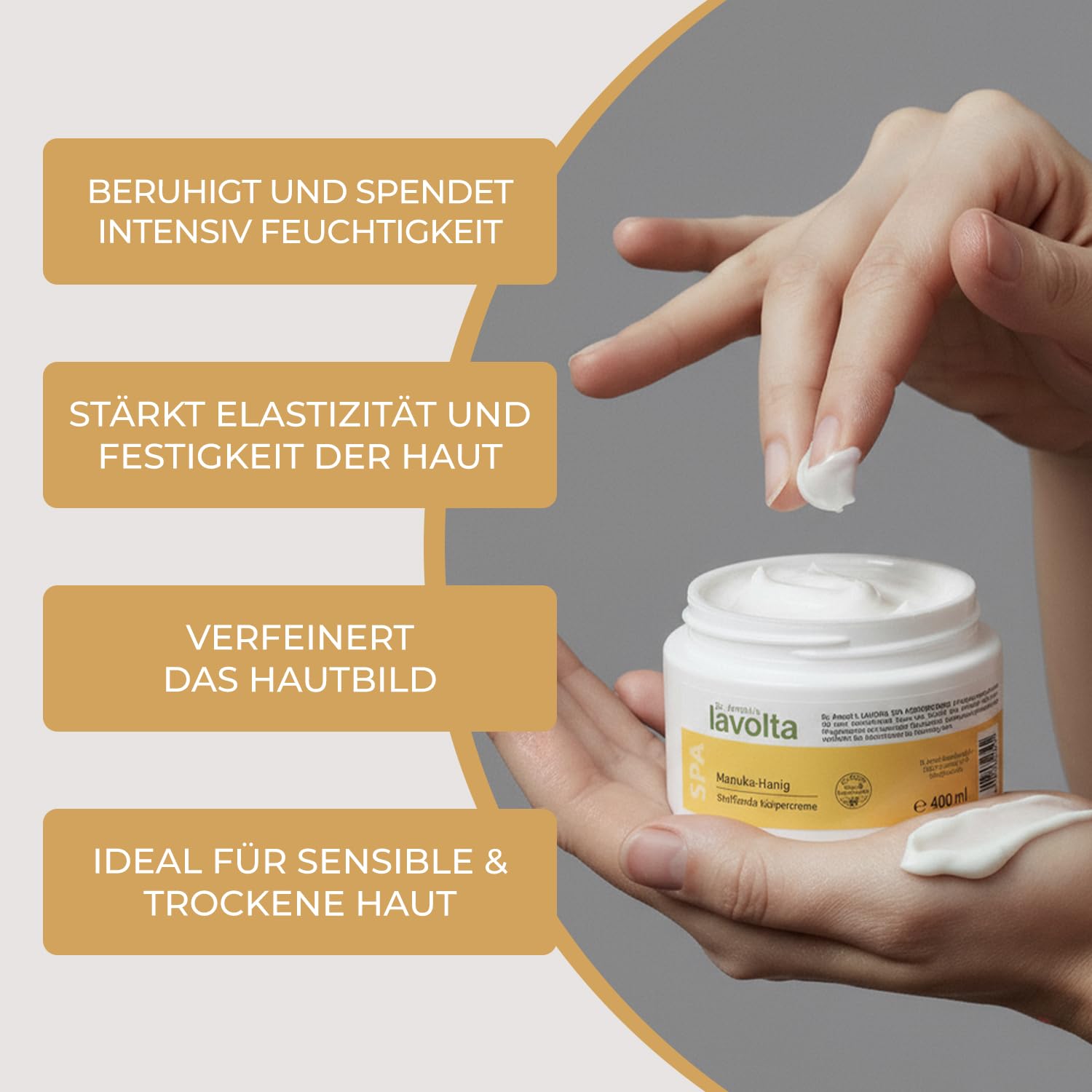 Dr. Armah - Lavolta Manuka Crema per il corpo – Lozione nutriente con miele Manuk, acido ialuronico e burro di karitè – Per una pelle liscia e liscia – Idratazione intensiva – Vegano – 400 ml