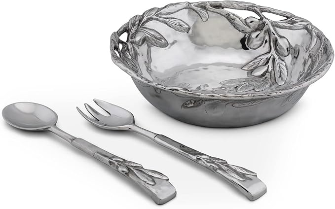 Arthur Court Sand-Cast Aluminum Salad Set; Olive Pattern, 3 pieces, 2 Servers and Salad Serving Bowl 12.5 inch Diameter