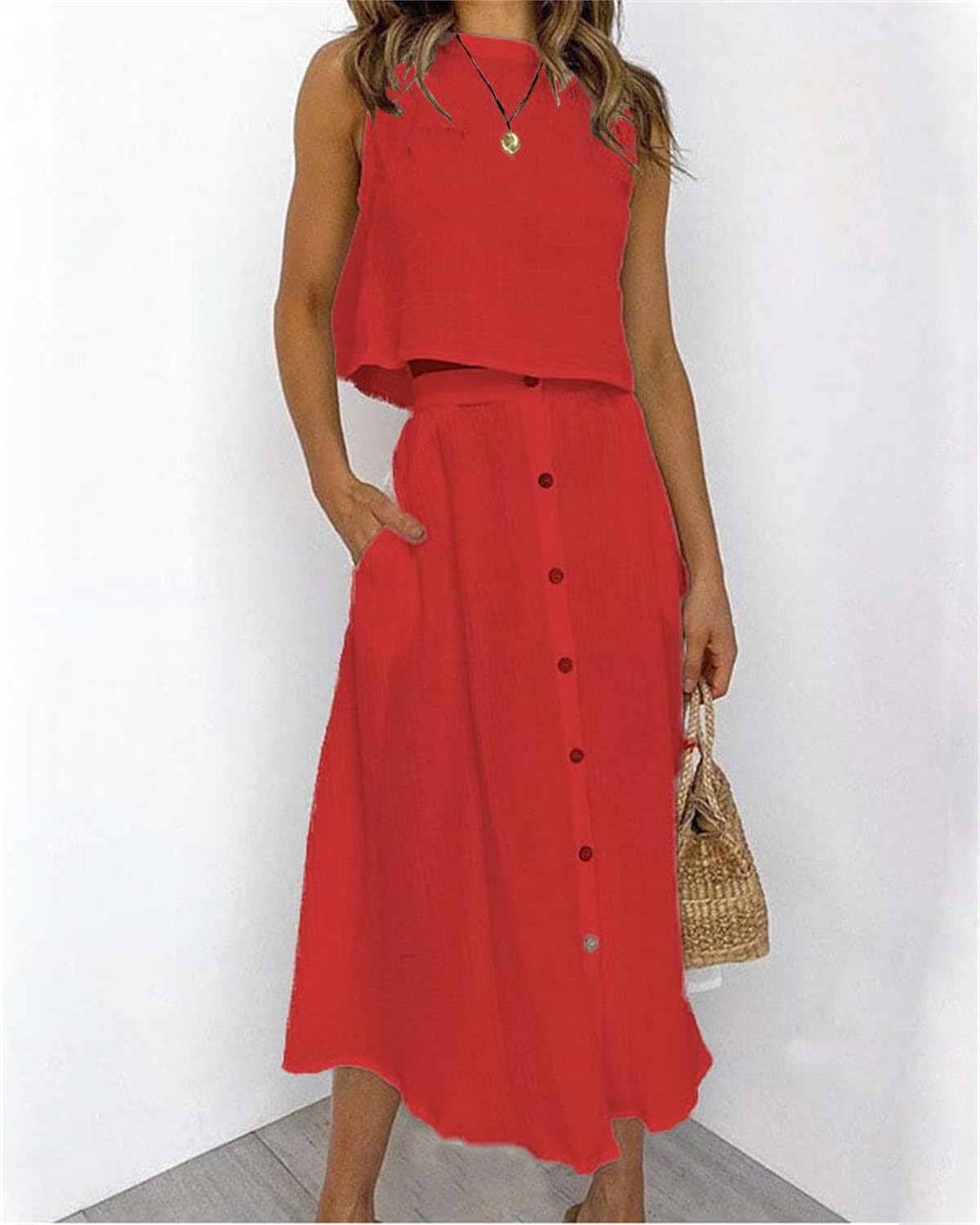 Robe Deux pièces pour Femmes Robe d'été élégante Jupe de Costume col Rond débardeur + Jupe à Boutons Ensemble Deux pièces Robe Longue Unie