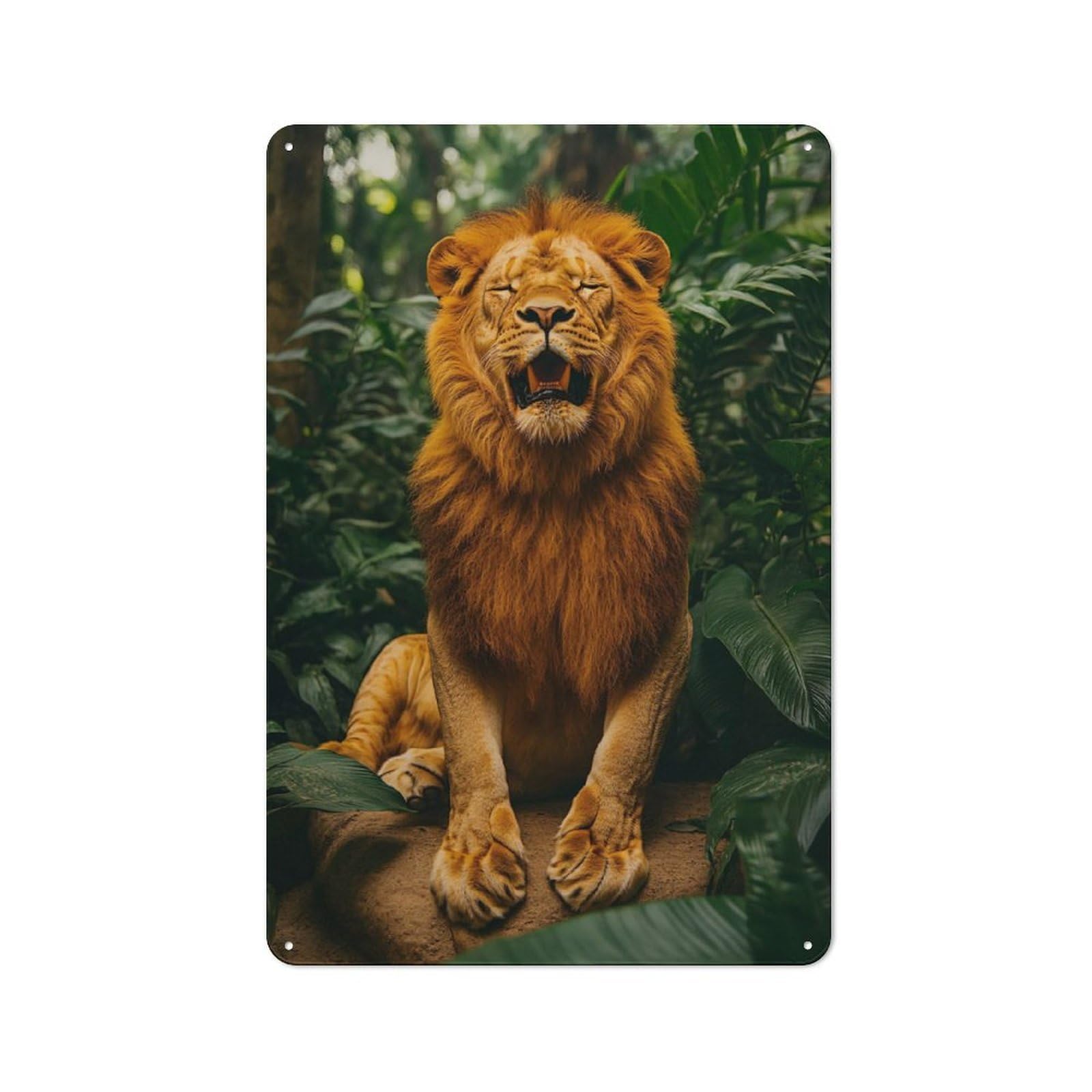 Vintage Tin Sign 30x20cm with Lion Yawning in Lush Jungle for Kitchen Or Home Bar, Suited to Home Bar Enthusiasts