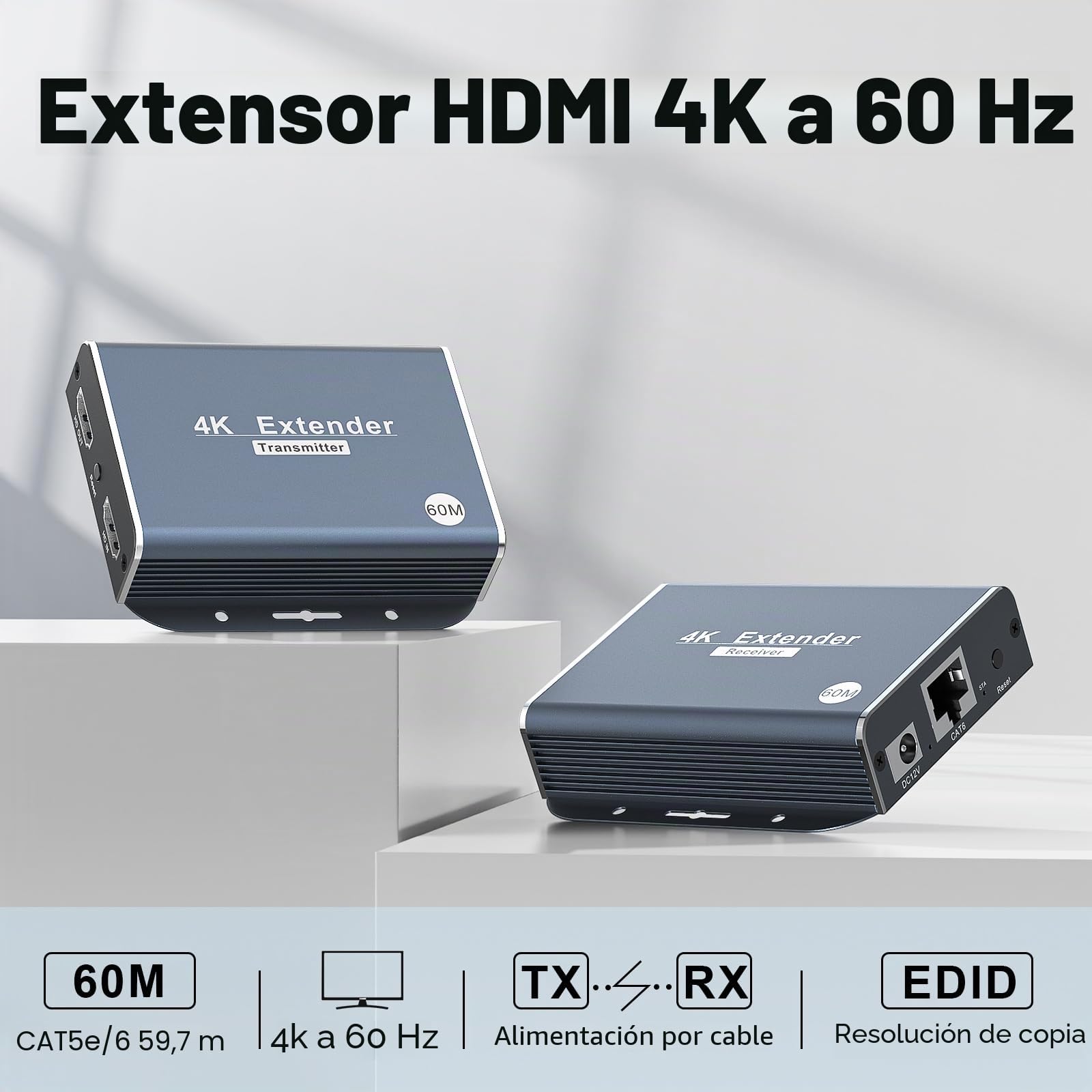 4K HDMI Extender Over Ethernet Extensor sobre CAT5e/CAT6/CAT7, 4K@60Hz Up to 196ft(60m), con Soporte para la función EDID y POC