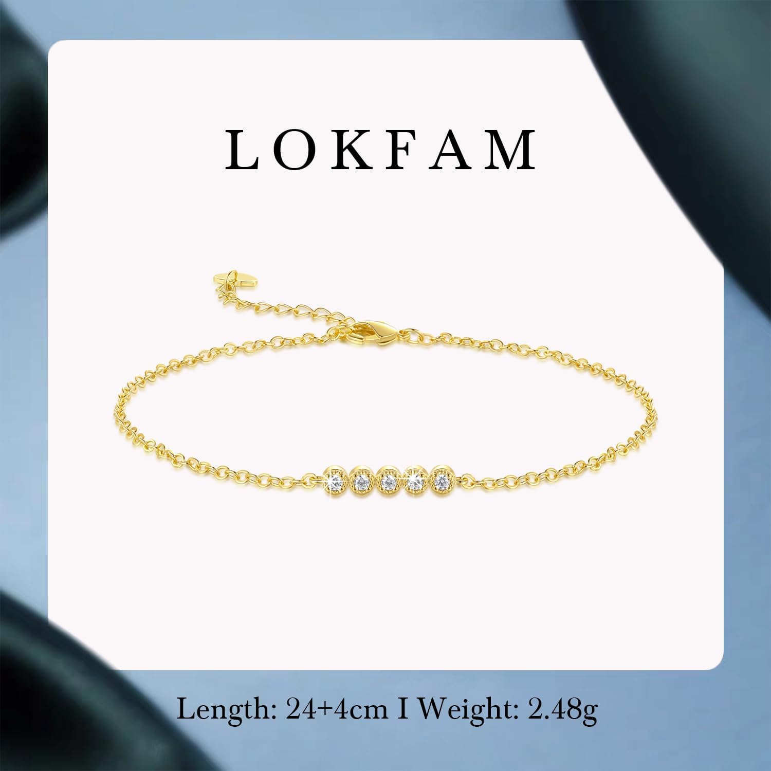 14K Gold Plated Ankle Bracelets for Womens Ankle Bracelet 14K Gold Plated Anklets for Women Elegant Line with Five Cubic Zirconias Anklets for Womens Adjustable 9.4+1.6in - Image 2