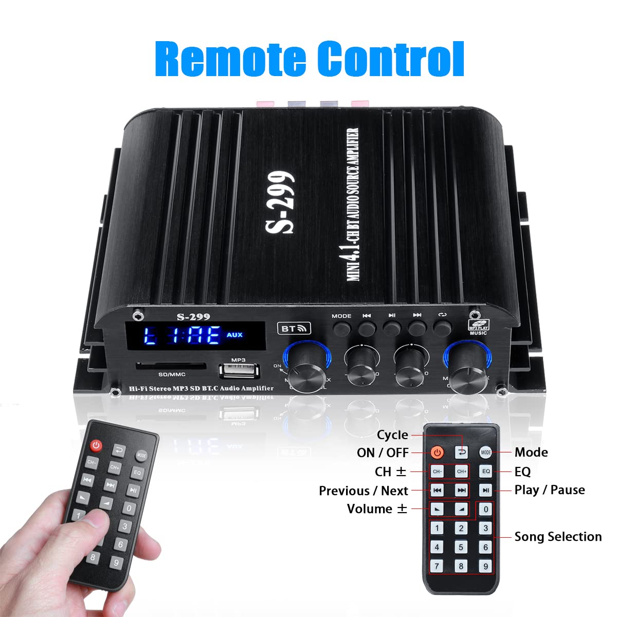 4.1 Canaux Amplificateur audio,amplificateur Bluetooth 5.0 50Wx4 + caisson de basses actif,amplificateur de haut-parleur intégré Hi-Fi, système de réception audio pour la maison ou la voiture