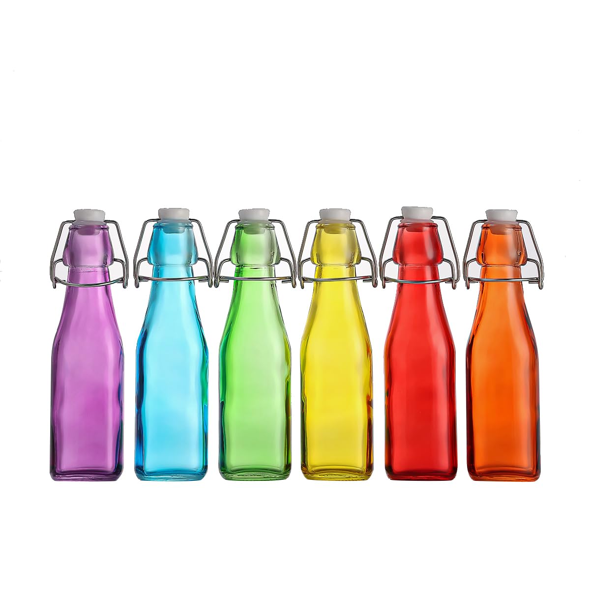simpa Vintage Style Mix Colour Glass Bottles with Swing Top Lids. Square 250ml Bottles - Set of 6