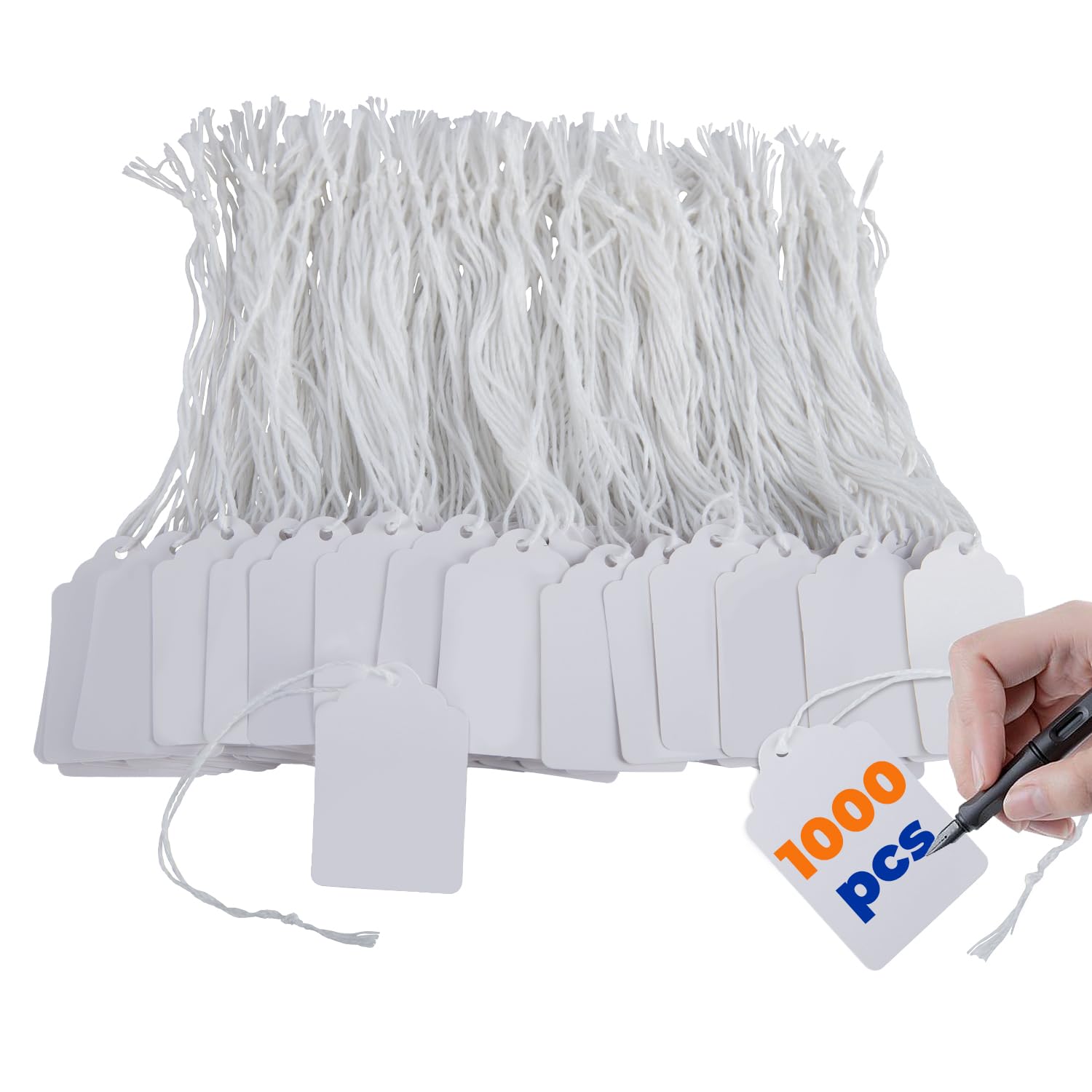 Price Tags with Strings Attached, 1000pcs Marking White Merchandise Hang Tags Labels for Goods Gifts Jewelry Clothing Garage Yard Rummage Sale Supplies 1 3/8" x 2 1/8"