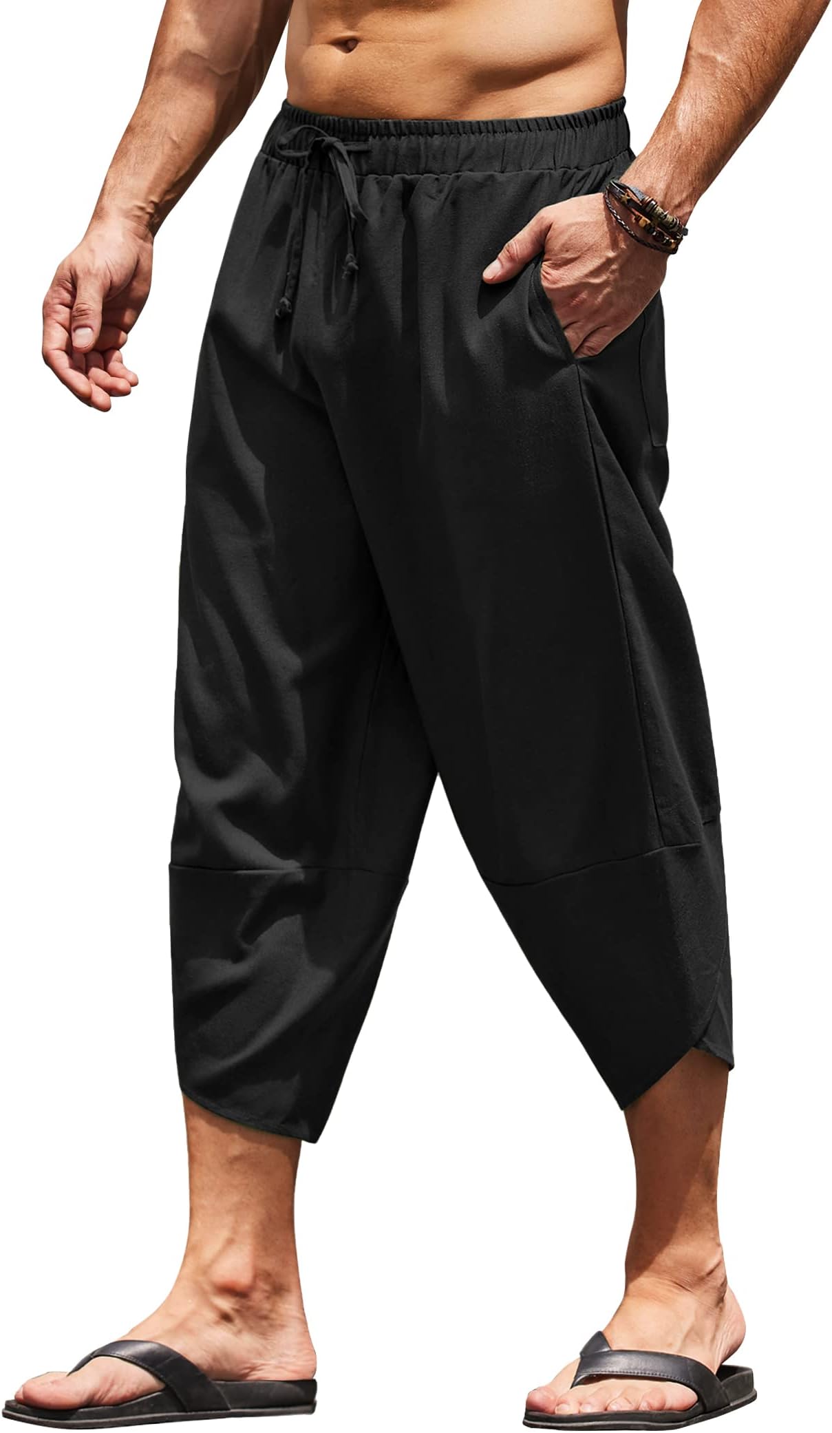 Men's Linen Harem Capri Pants Lightweight Loose 3/4 Shorts Drawstring Elastic Waist Casual Beach Boho Yoga Trousers