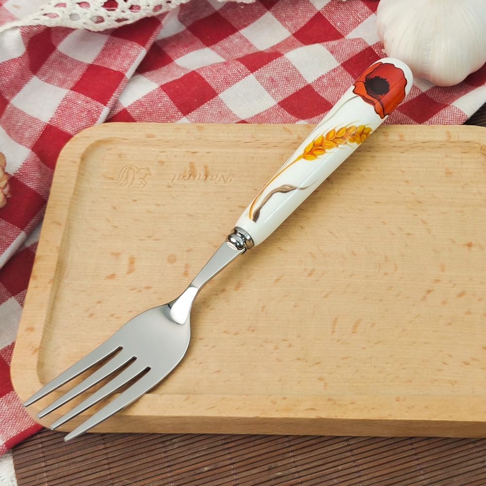 Dinner Fork 8inch 20cm Steak Fork (SUS304) 18-10 Stainless Steel, White Ceramic Handle Featuring Papaver rhoeas L. Pattern Main Course/Table/Service Forks (3Pcs Forks)