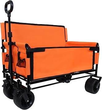 3-in-1 Convertible Folding Wagon Cart with Bench Seat & Storage - 500lbs Heavy-Duty Utility Wagon, 180L Capacity All-Terrain Wheels for Camping, Beach, Sports, Garden Orange
