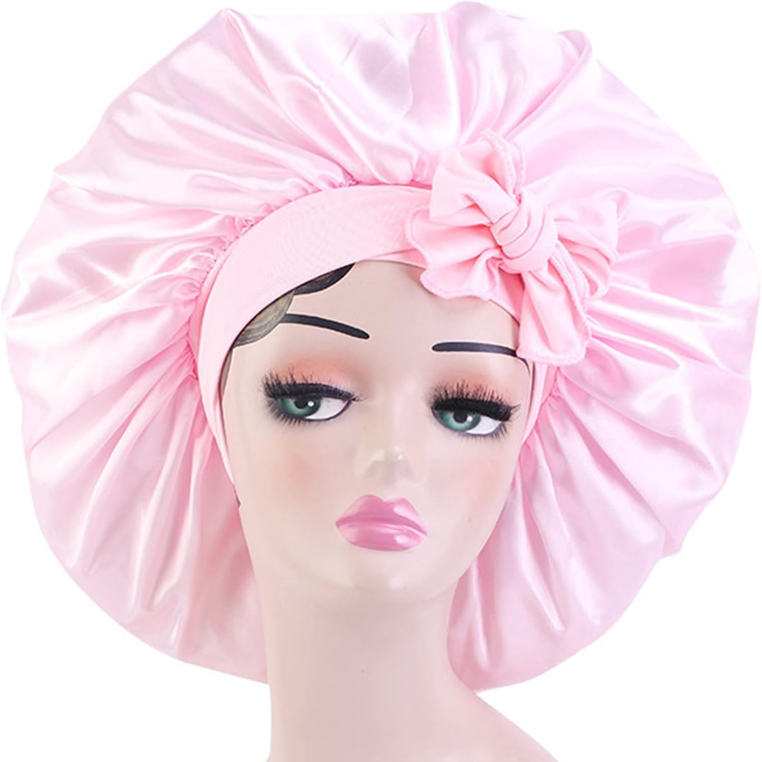 Isshin Beauty Satin Bonnet Silk for Hair Sleeping: Women Tie Bonnets Adjustable Night Cap Jumbo Size Comfortable Wide Band for Braids Curly Long Hair (Pink)