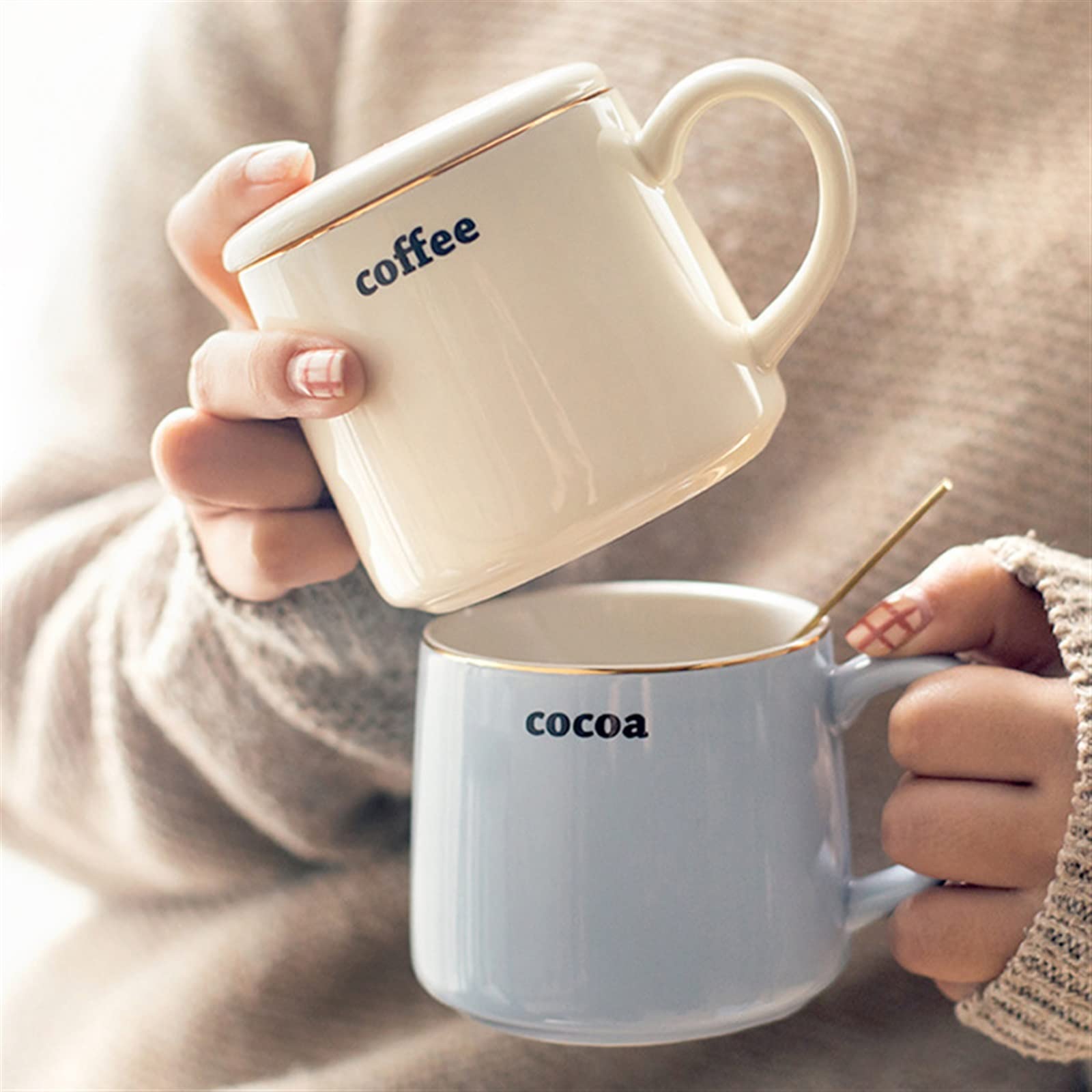 Hasense - Set di 4 tazze in porcellana con manico grande, per bevande calde e fredde, per zuppe, tè, latte e latte, 340 ml, per caffè mattutino, compleanno, feste, colore: blu scuro