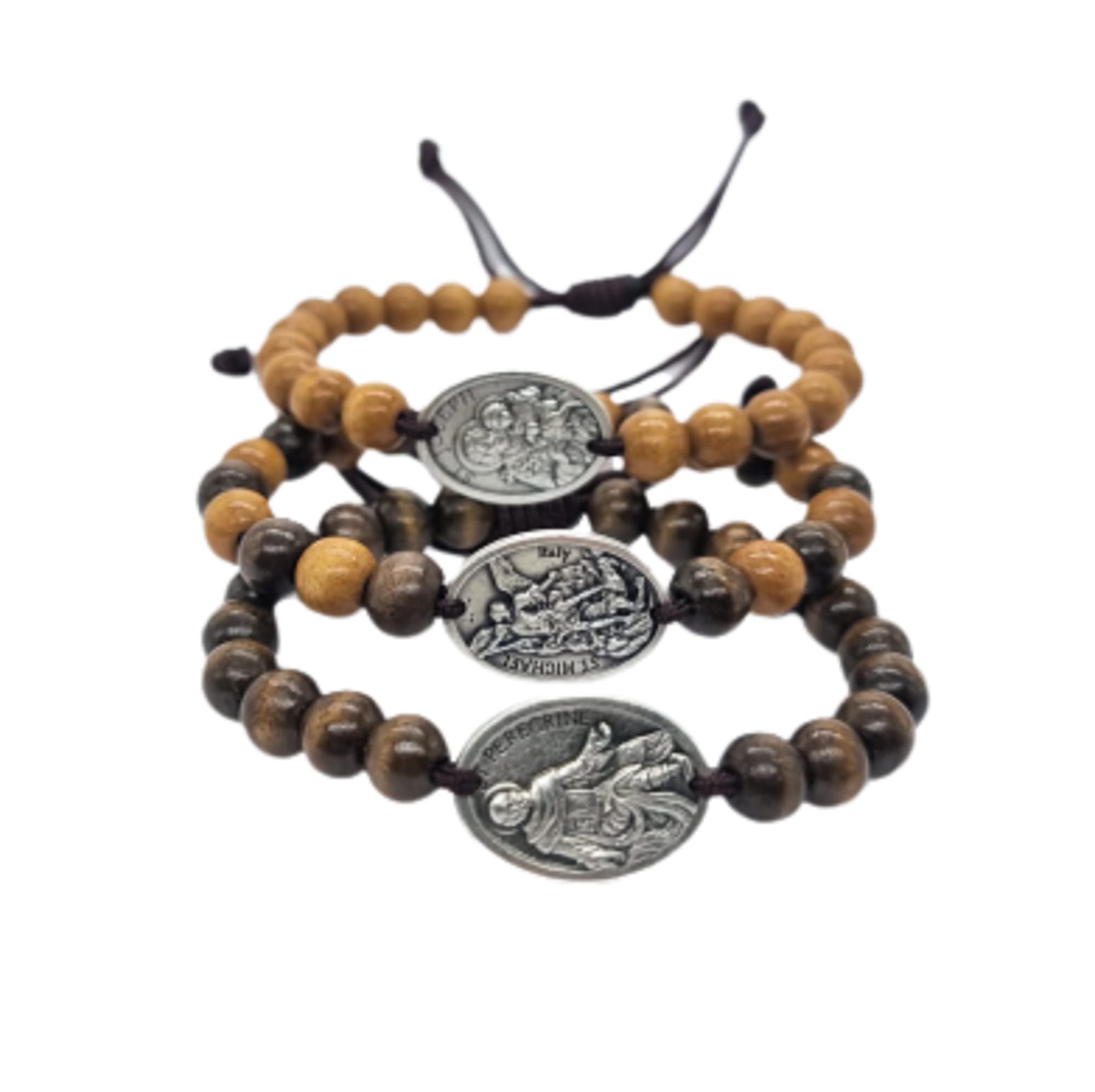 HandmadeAdjustable Wooden Beads Religious Bracelets With Saint Medals - St Michael Peregrine Benedict San Benito Miraculous Joseph Holy Francis Virgin Mary Therese Jude