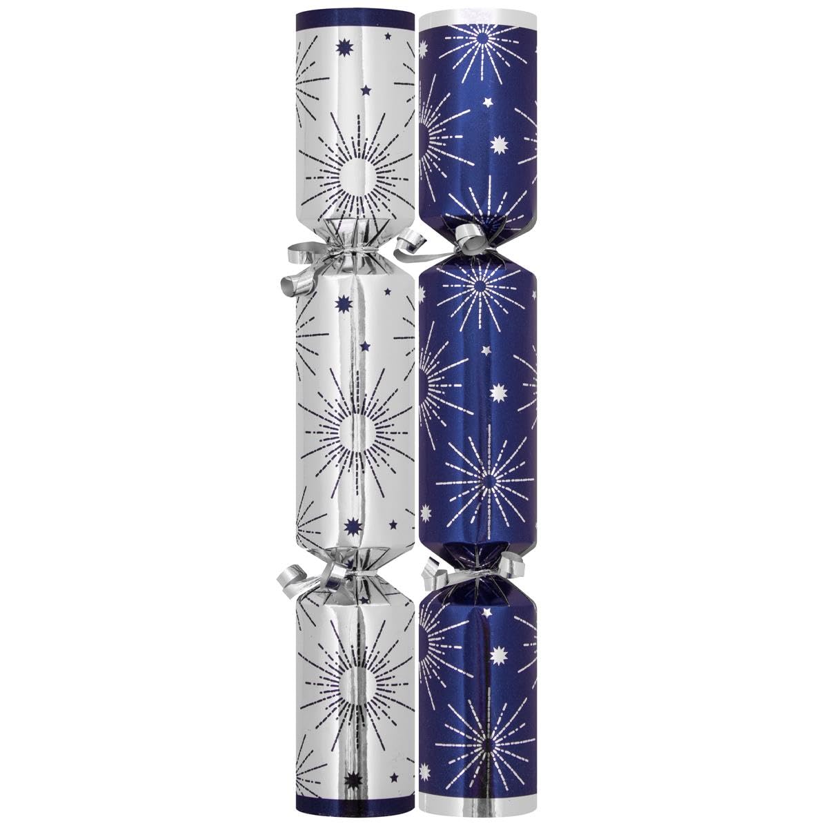 Yöl Blue Pack Of 50 Silver Starburst Christmas Crackers - 12" Xmas Party Wedding Venue Event New Years Eve Catering Bulk Box - Contains Paper Hats Jokes Prizes Festive Celebration