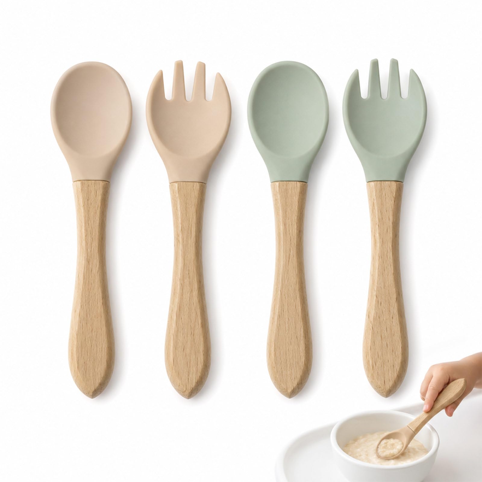 4 Piece Soft-Tip Silicone Spoons and Forks Set, Easy-Grip Natural Wood Handles, BPA-Free Non-Toxic Utensils, Dishwasher Safe, Gentle on Sensitive Gums (Hazy Green/Almond)