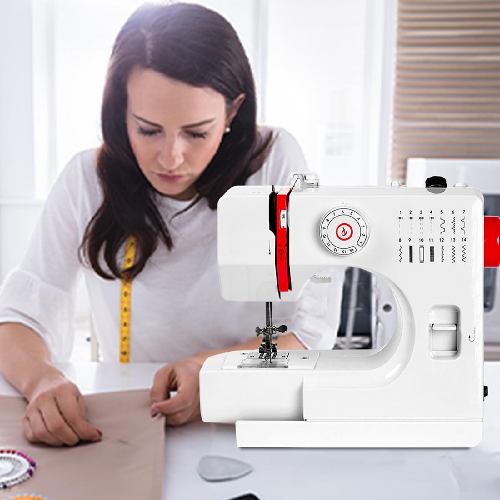 Máquina de coser para principiantes, 14 puntadas, máquina de coser con mesa deslizante, tela de algodón y juego de costura