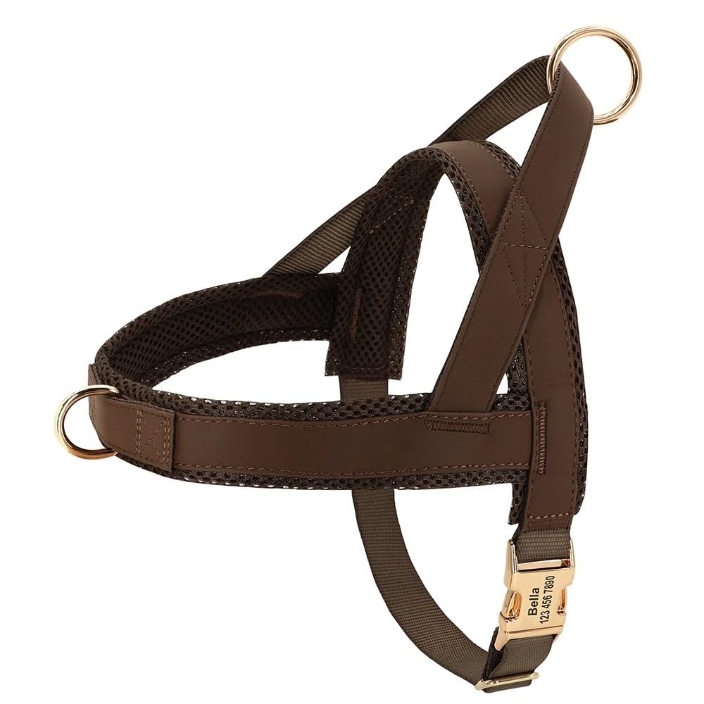 Soft Mesh Leather Padded Working Dog Harness Personalized No Pull Anti-Loss Dog Harness Vest Fits French Bulldog Labrador,Brown,XL