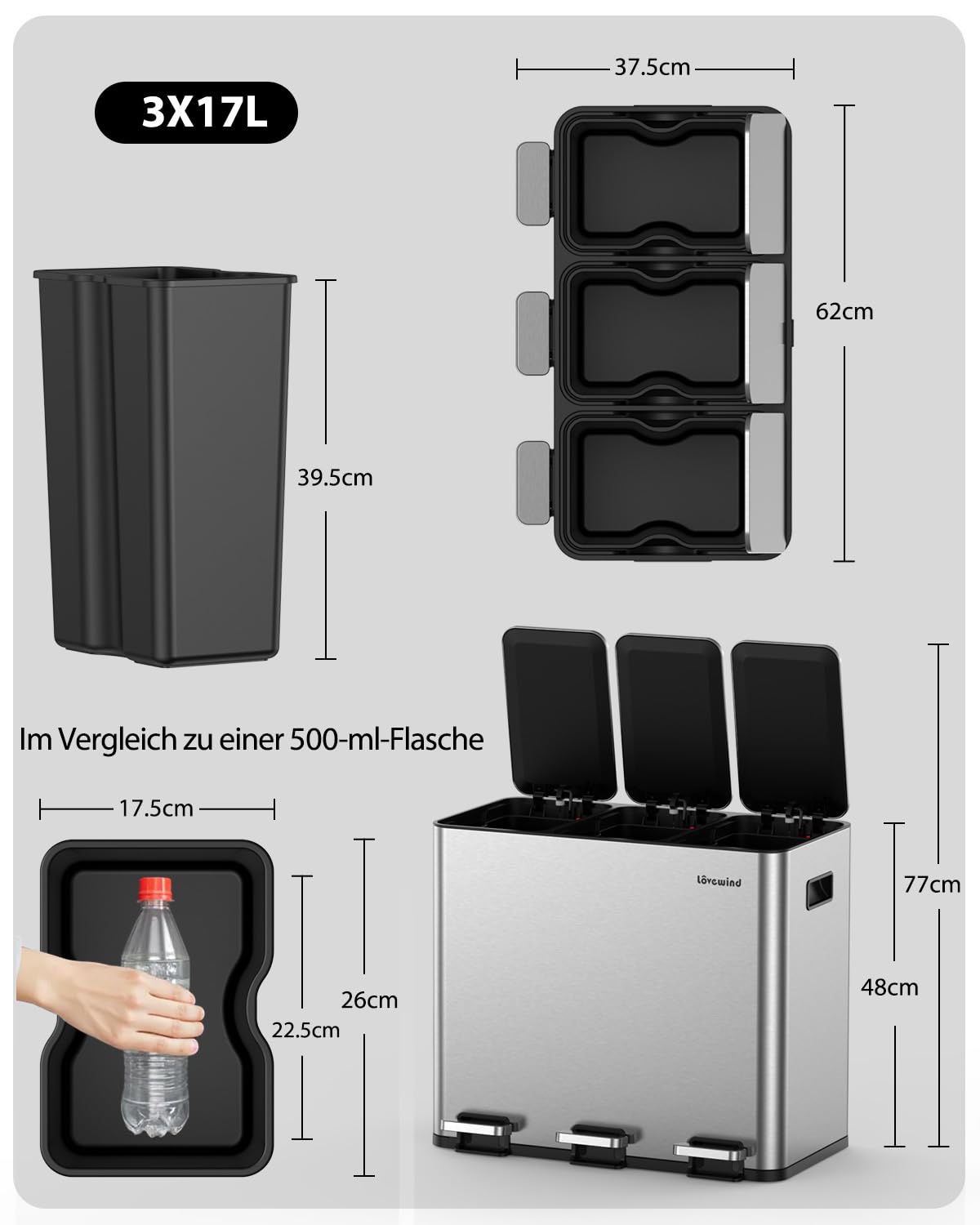 lovewind Mülleimer, 3 x 17 l Recyclingeimer, 3-Fach-Mülleimer für Recycling und Abfall, inklusive magnetisches Etikett, Soft-Close-Deckel, Pedale, Inneneimer, Stahl, Silber