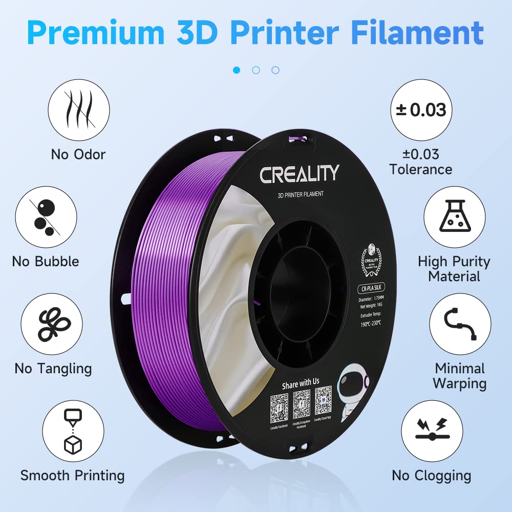 Creality Filamento PLA per stampante 3D, 1,75 mm, in PLA senza grovigli, forte incollaggio e sporgenza, precisione dimensionale +/-0,02 mm, 1 kg, Silk PLA - Viola