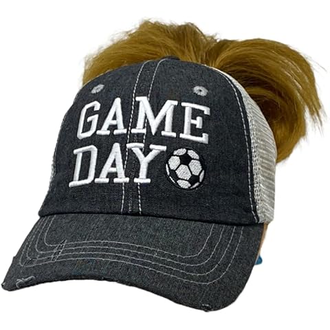 Cocomo Soul Messy Bun Soccer Game Day Mesh Trucker Style Hat Cap Soccer Mom Gift Mothers Day Dark Grey, Dark Grey, One Size Cover