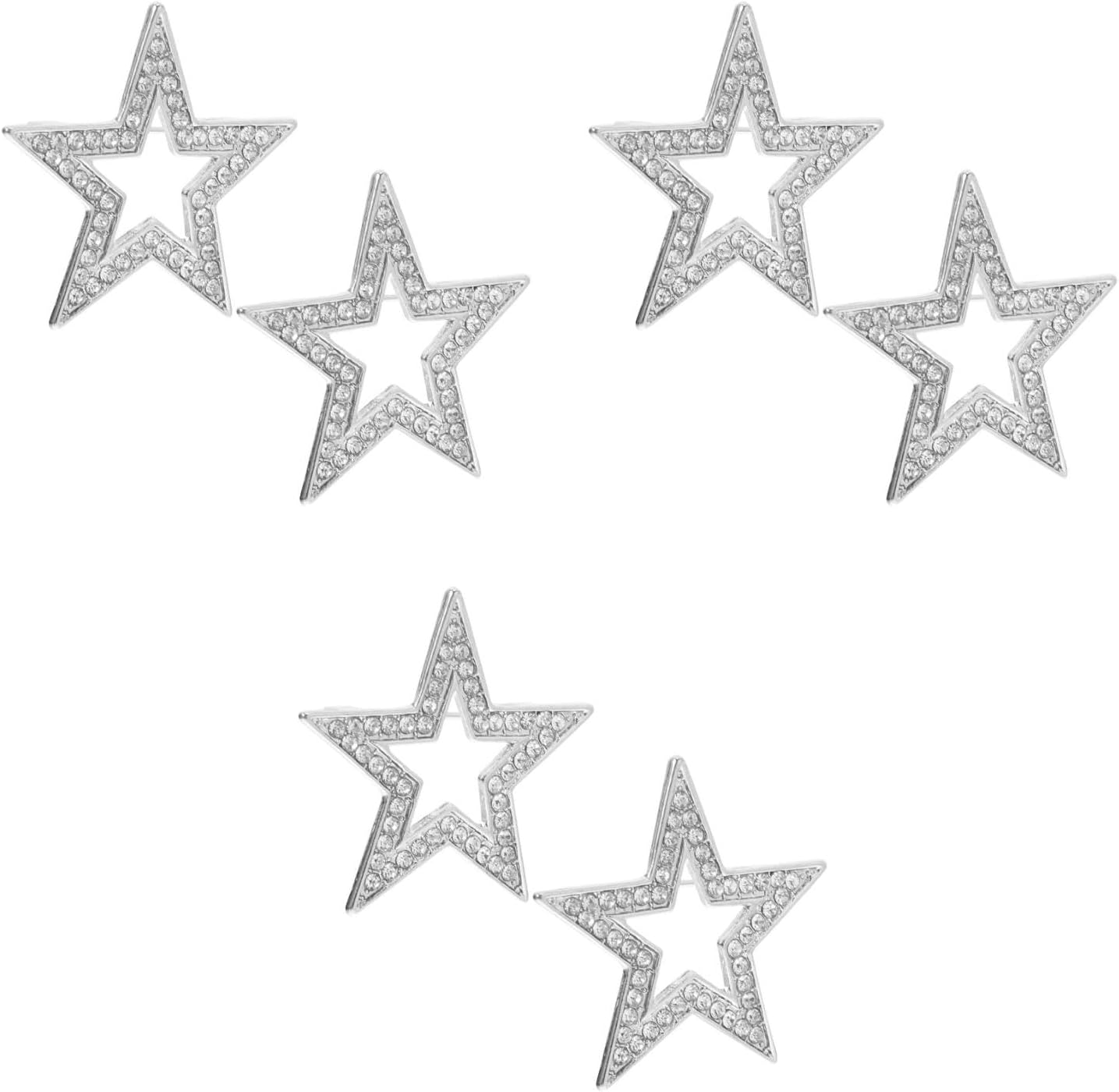 LOGOFUN 6PCS Rhinestone Star Brooch Elegant Five Pointed Shaped Zinc Alloy Lapel Pins for Women Girls Parties Fashion Accessory - Silver