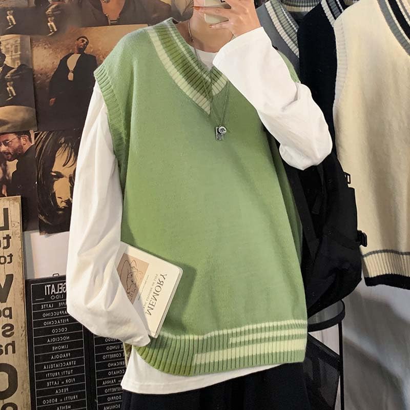 Sweater Vest Men V-Neck Japanese Students High Street Baggy Unisex Male Teens Clothing All-Match Casual Simply2