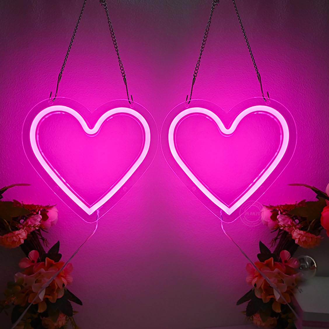 Planzo Neonowy znak LED z różowym sercem, zasilanie bateryjne lub zasilane przez USB, na ślub, walentynki, imprezę, do pubu, znak miłości, prezent urodzinowy, dom, różowy, pokój dziewczęcy, sypialnia