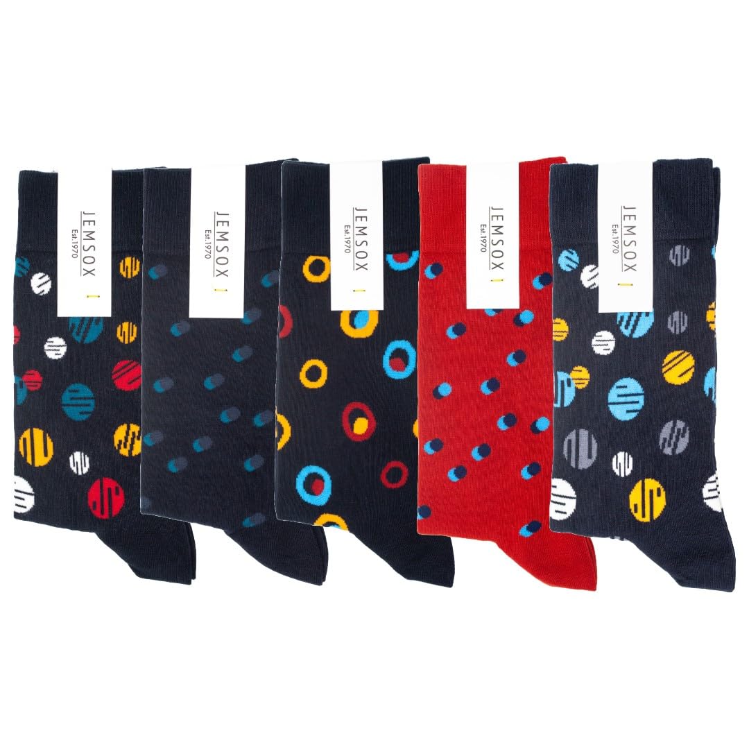 Jemsox Men's Red/Yellow 5-Pack Spots & Circles – Organic Cotton Socks - One Size (7-11)