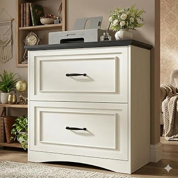 CubiCubi File Cabinet, 30" Lateral Filing Farmhouse Cabinet with 2 Drawers and Hanging Rods, Storage Wood Cabinet for Home Office, Living Room, Bedroom, Vintage White