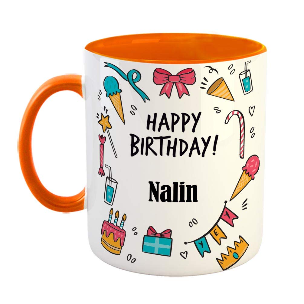 FurnishFantasy Ceramic Coffee Mug - Best Gift for Happy Birthday Mug , Color - Orange, Name - Nalin