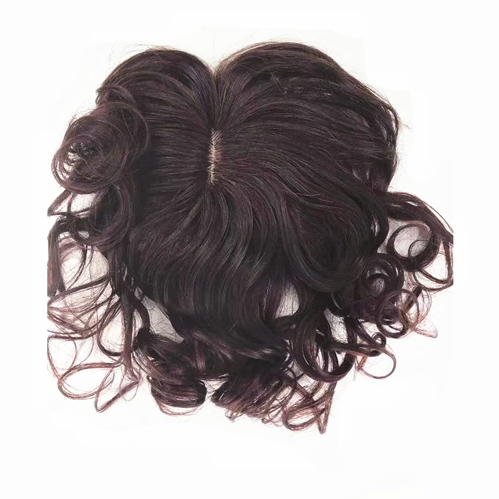 Curly Wavy Human Hair Toppers Clip In Toupee With Side Bangs Hair Fringe For Women Wiglets Hairpieces for Mild Hair Loss Volume Cover Gray Hair (Auburn Color)