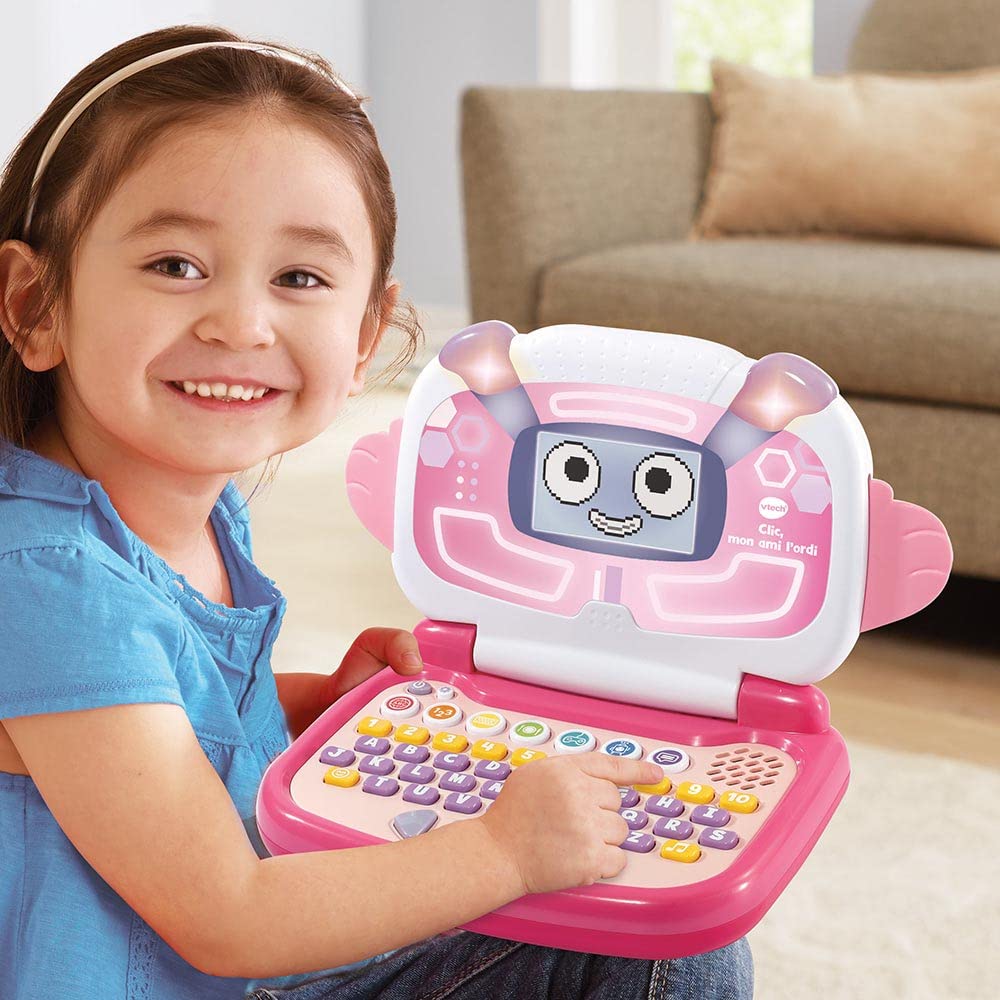 VTech - Clic, Mon Ami l'Ordi Rose, Computer Portatile Bambino con Schermo Retroilluminato e Animato, 9 Giochi Educativi, Giocattolo Interattivo, Regalo Bambino da 3 Anni a 6 Anni - Contenuto in