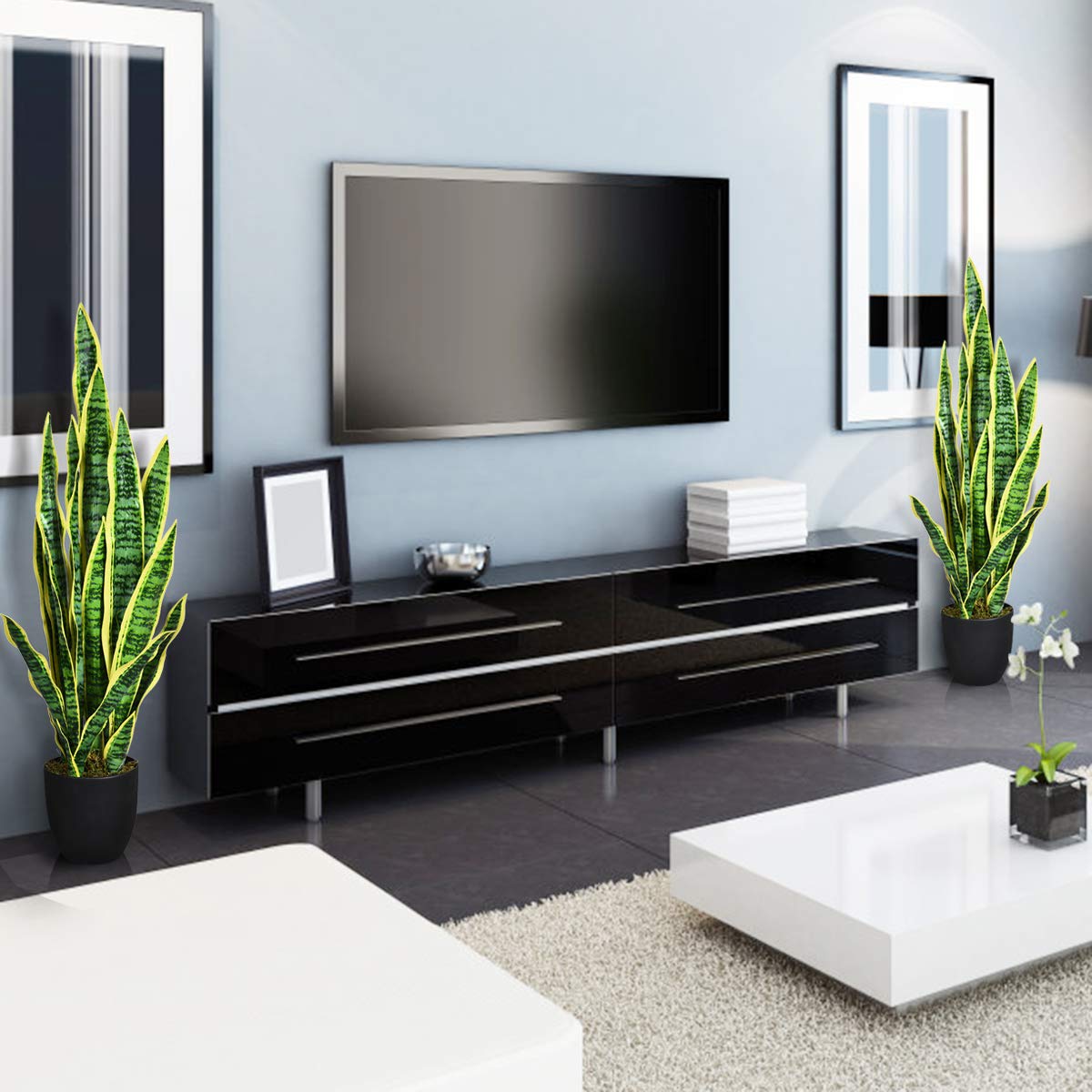 COSTWAY Plante Artificielle Déco. Interieur Sansevieria Trifasciata Bord Jaune avec Pot et 20 Feuilles Vert Arbre/Fleur Artificielle - H 90 CM pour Décoration Magasin, Bureau,Jardin,Extérieur