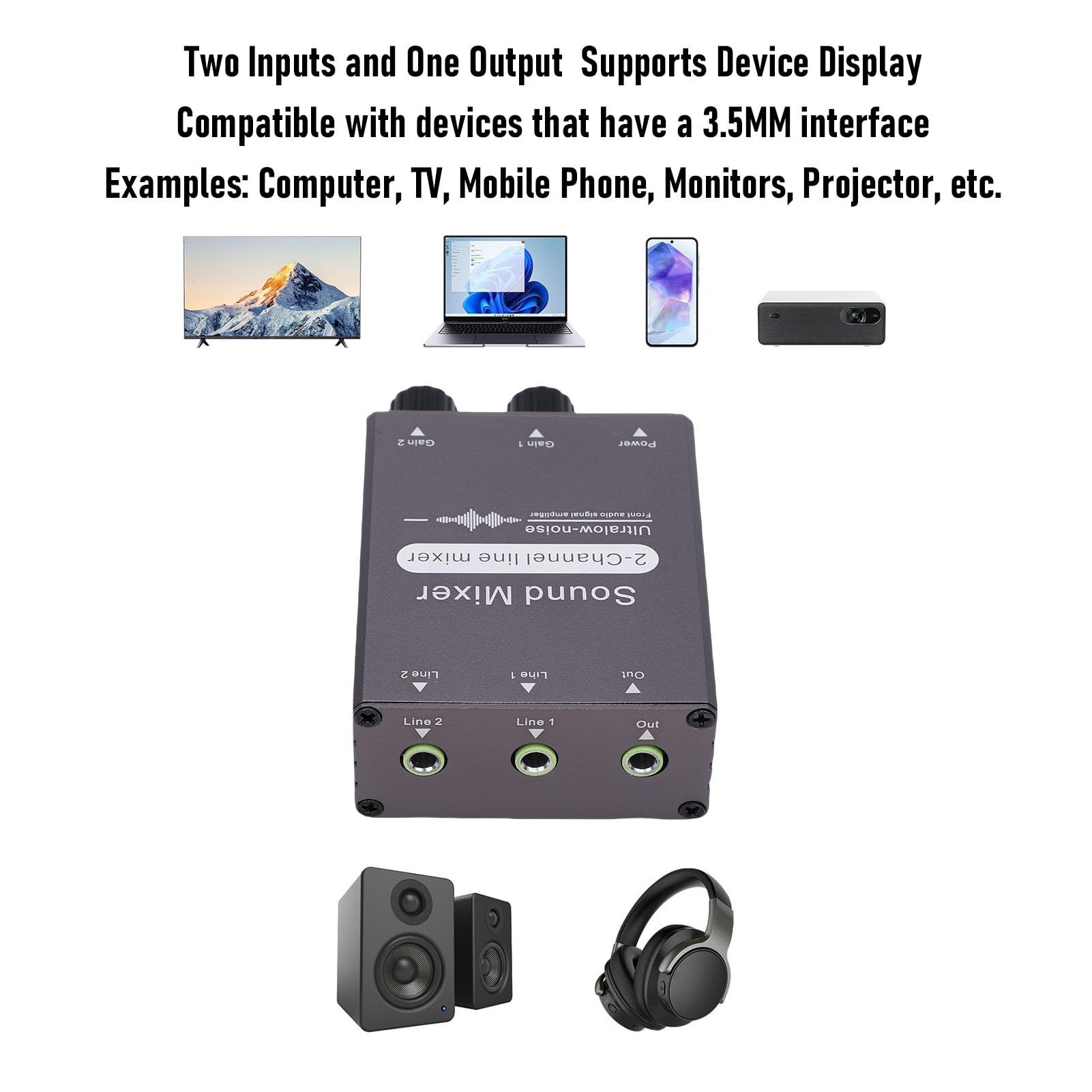 2-Kanal-Stereo-Audio-Mixer, 3,5 Mm 2-in-1-Out-Stereo-Sound-Mixer mit Doppelter Lautstärkeregelung für Computer, Kopfhörer, Telefone, Laptops