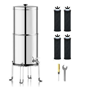 Purewell 3-Stage 0.01m Ultra-Filtration Gravity Water Filter System, NSF/ANSI 42&372 Certification, 304 Stainless Steel Countertop System with 4 Filters and Stand, Reduce 99% Chlorine, 2.25G