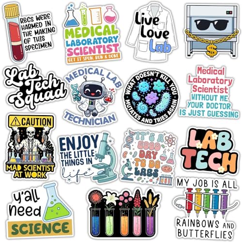 Image of MAIANEY (15Pcs, 3in) Lab Tech Stickers Pack - Funny Medical Laboratory Scientist Stickers for Lab Technician Microscope Science Vinyl Decals for Laptop Water Bottle Journal