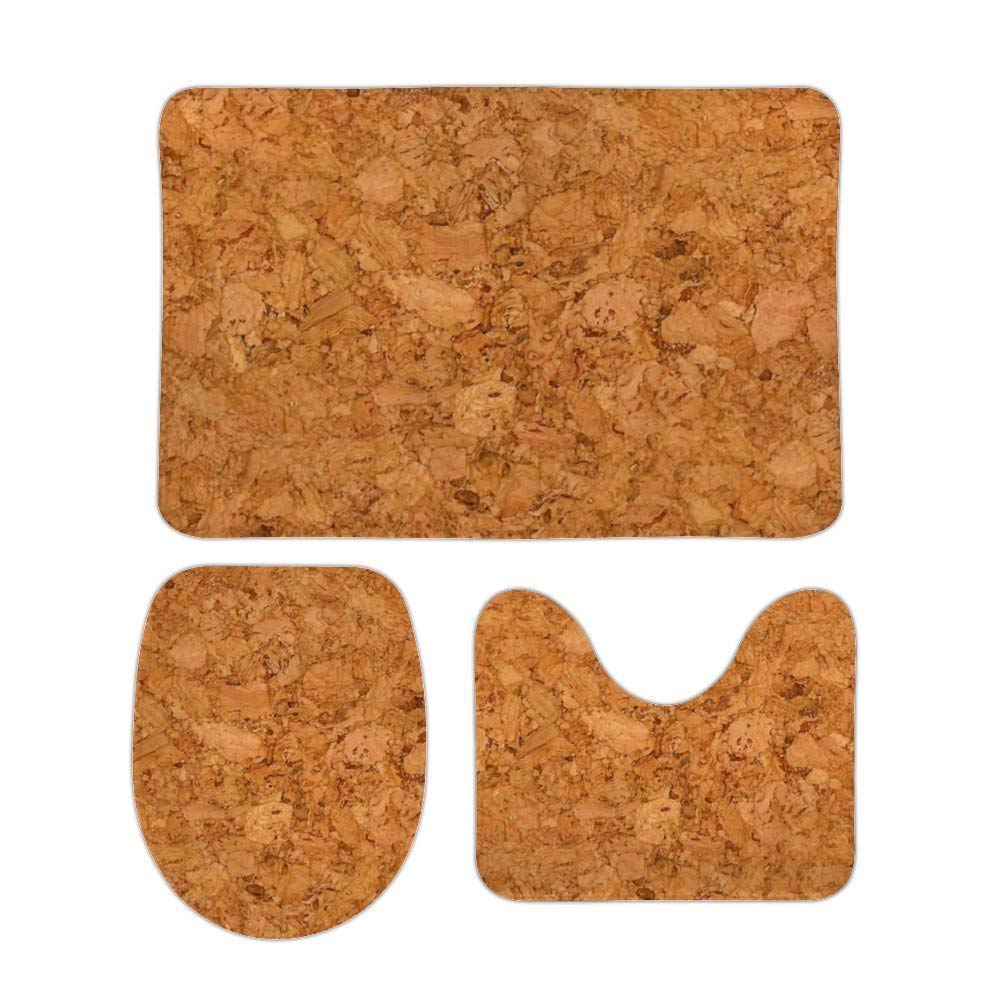 RedBeans Non Slip Bath Mat 3 Piece Flannel Bathroom Rug Set,Chunky Natural Cork Wood Grain Look Soft Pedestal Anti Slip Shower Mat Carpet Toilet Cover Rug Set