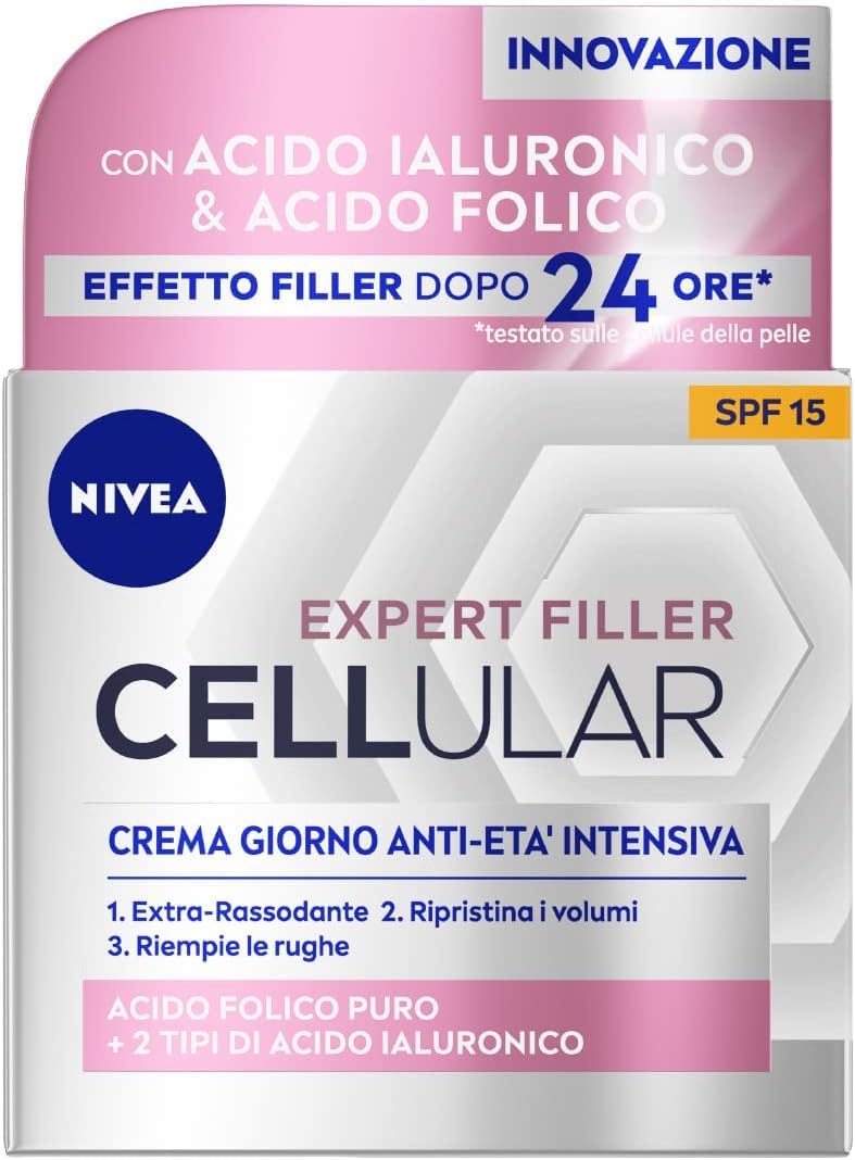NIVEA CELLULAR EXPERT FILLER Crema Giorno Anti-​Età Intensiva SPF 15 50ml, Crema viso antirughe rassodante, Crema viso Acido Ialuronico e Acido Folico Puro, Crema idratante viso anti-​age