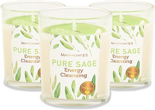 Magnificent 101 Pure Sage Mmudge Candles - Juego de 3 velas para limpieza de energía doméstica, aromaterapia, meditación y desterramiento de energía