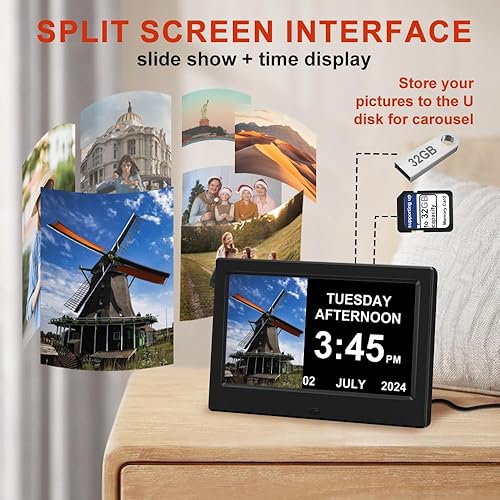 Miniatura 4 de Reloj despertador con día y fecha para ancianos, calendario digital de 7 pulgadas, marco de fotos, pantalla regulable automáticamente, 15 opciones