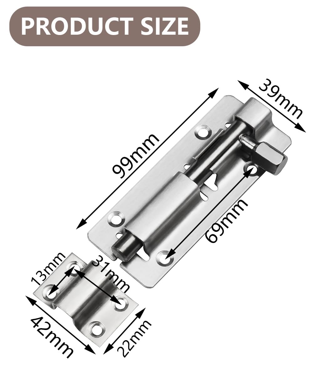 TOPYWMSP Door Lock Bolt,Stainless Steel Door Latch,4 Inch(100mm) Sliding Bolts Lock,2-Pack Door Bolt for Internal Door - Image 4