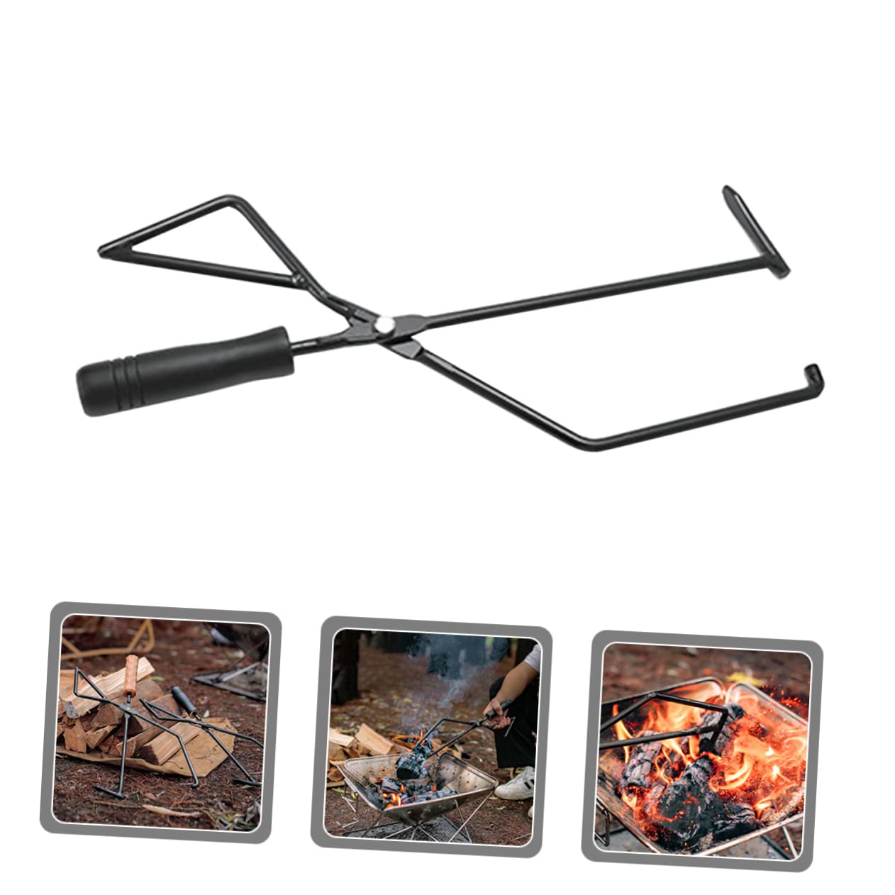 Pinza de Carbón para Chimenea de Camping con Mango de Madera Negra | Hierro Resistente, Agarre de Precisión para Manipular Brasas, 1 Pieza para Hotel y Fogata Exterior