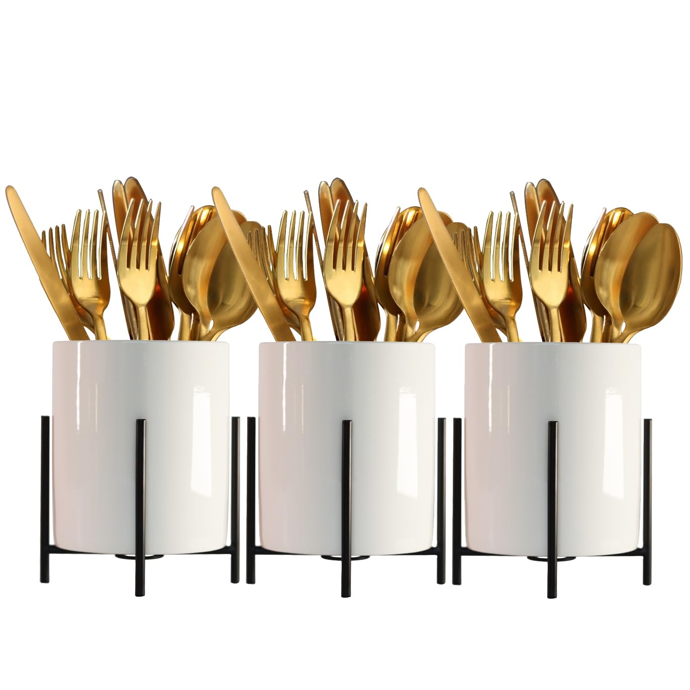 SIEBOLD Kitchen Utensil Holder,White Ceramic Silverware Caddy With Golden Metal Frame Chic & Modern Kitchen Cooking